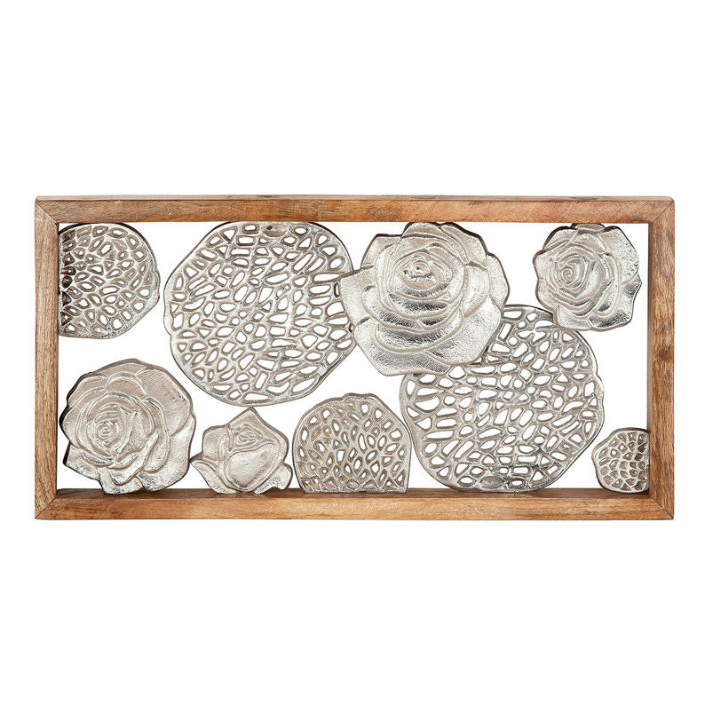 Metal And Wood Rose Themed Wall Hanging