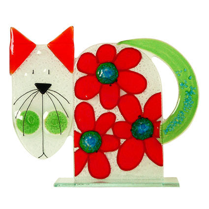 Large Flower Power Cat Fused Glass Table Art