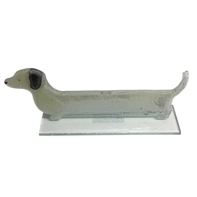 Creamy White Sausage Dog Fused Glass Table Art