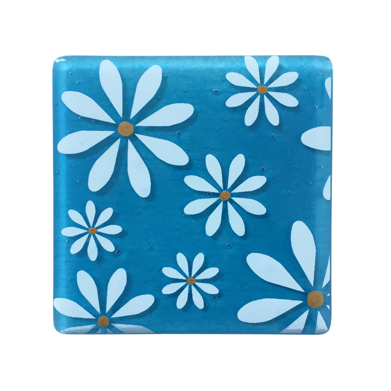 Hand Crafted Floral Blue Fused Glass Coasters