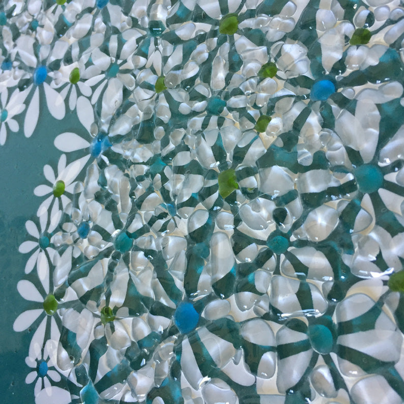 Intricate Blue Heart Glass Art Wall Panel