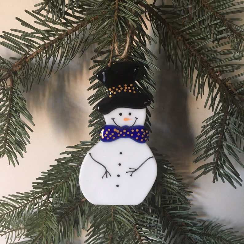 Mr Snowman Fused Glass Tree Ornament
