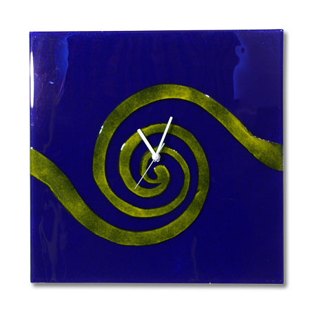Blue Glass Clock With Yellow Spiral