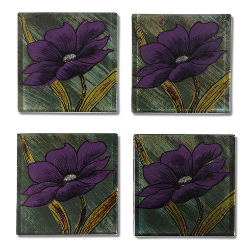 Glass Coasters With Purple Flowers
