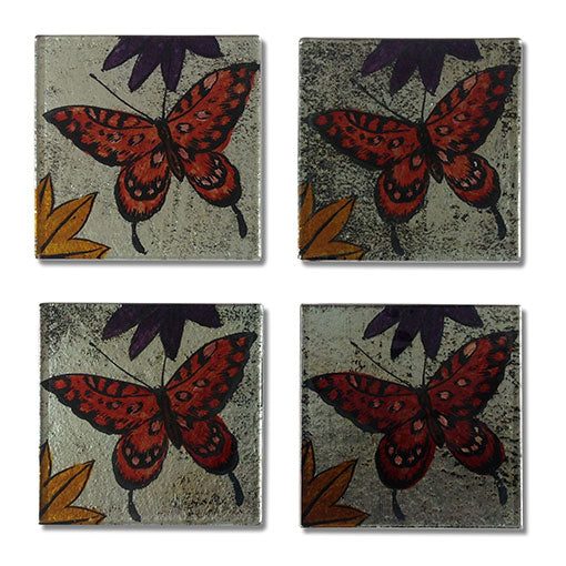 Ornate Red Butterflies Glass Coasters