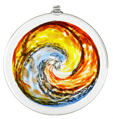 8" Gold and Blue Van Glow Spiral Hand Blown Glass Sun Disc