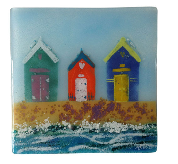 Row Of Beach Huts Fused Glass Wall Panel