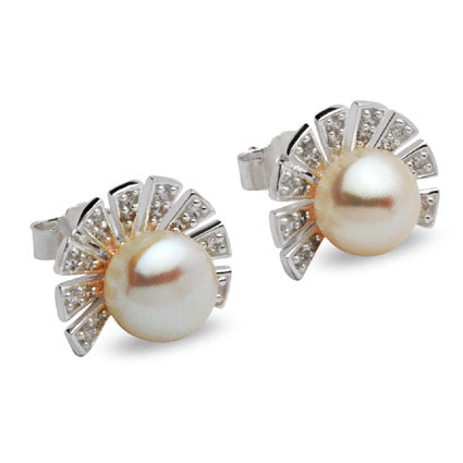 Encrusted Fan Silver Pearl Earrings