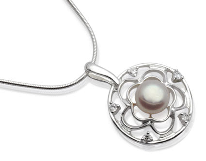 Encrusted Flower Silver Pearl Pendant