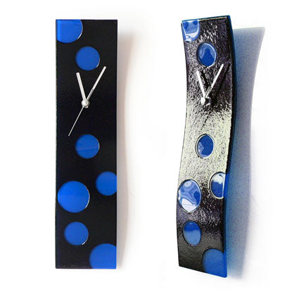 Black With Blue Bubbles Fusion Glass Wall Clock