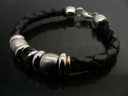 Black Leather Bracelet With Steel Beads