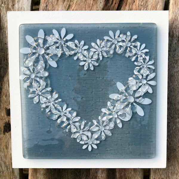 Daisy Flower Heart Fused Glass Wall Panel In Classic Grey