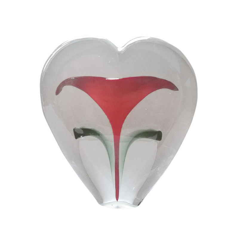 Red Flower Heart Shaped Glass Paperweight