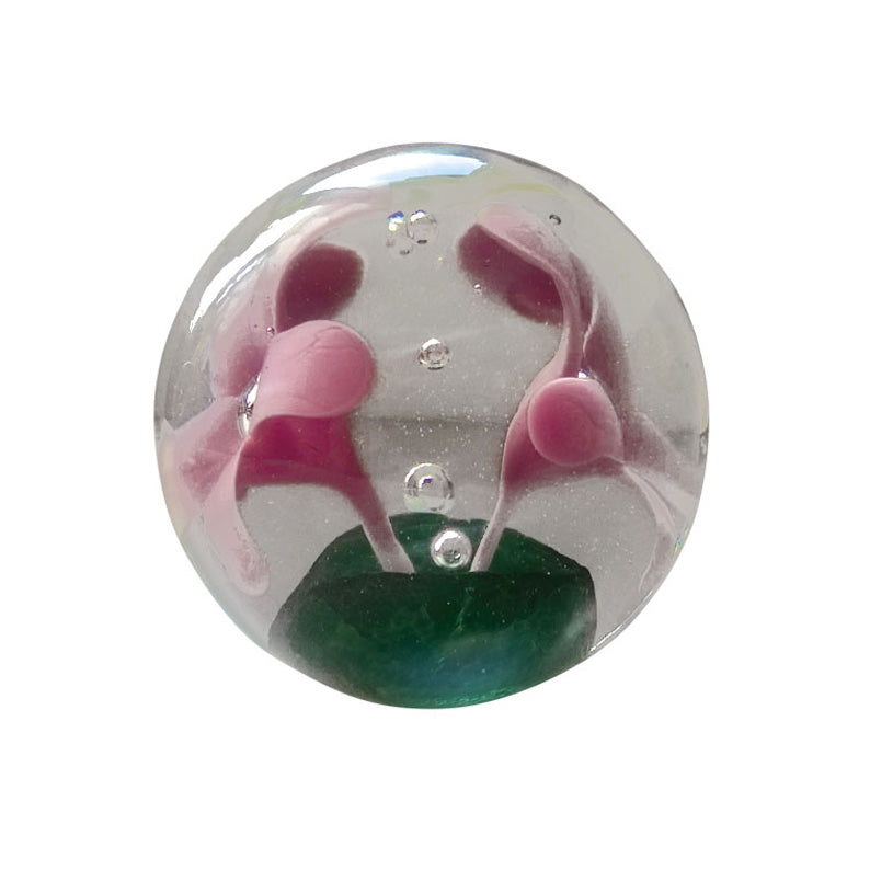 Hand Made Round Glass Paperweight Pink Flowers