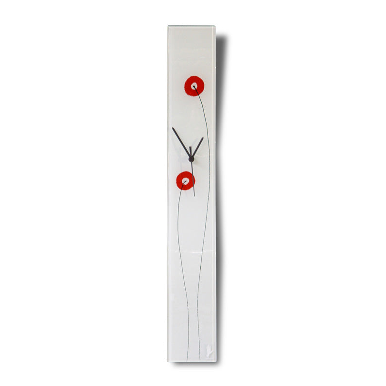Abstract White And Red Flowers Fused Glass Wall Clock
