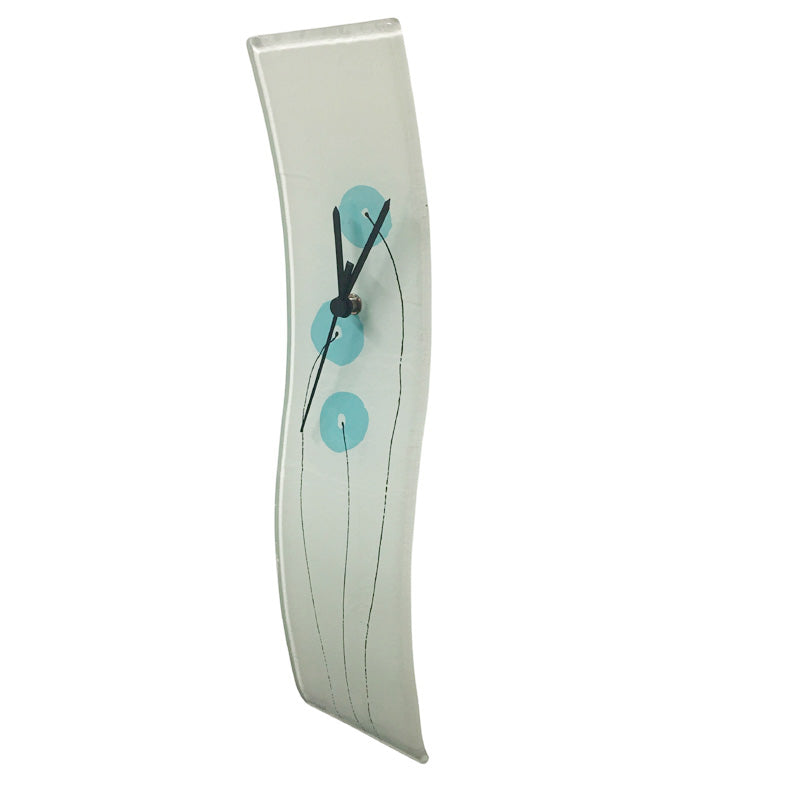 Curved Turquoise Flowers Glass Wall Clock